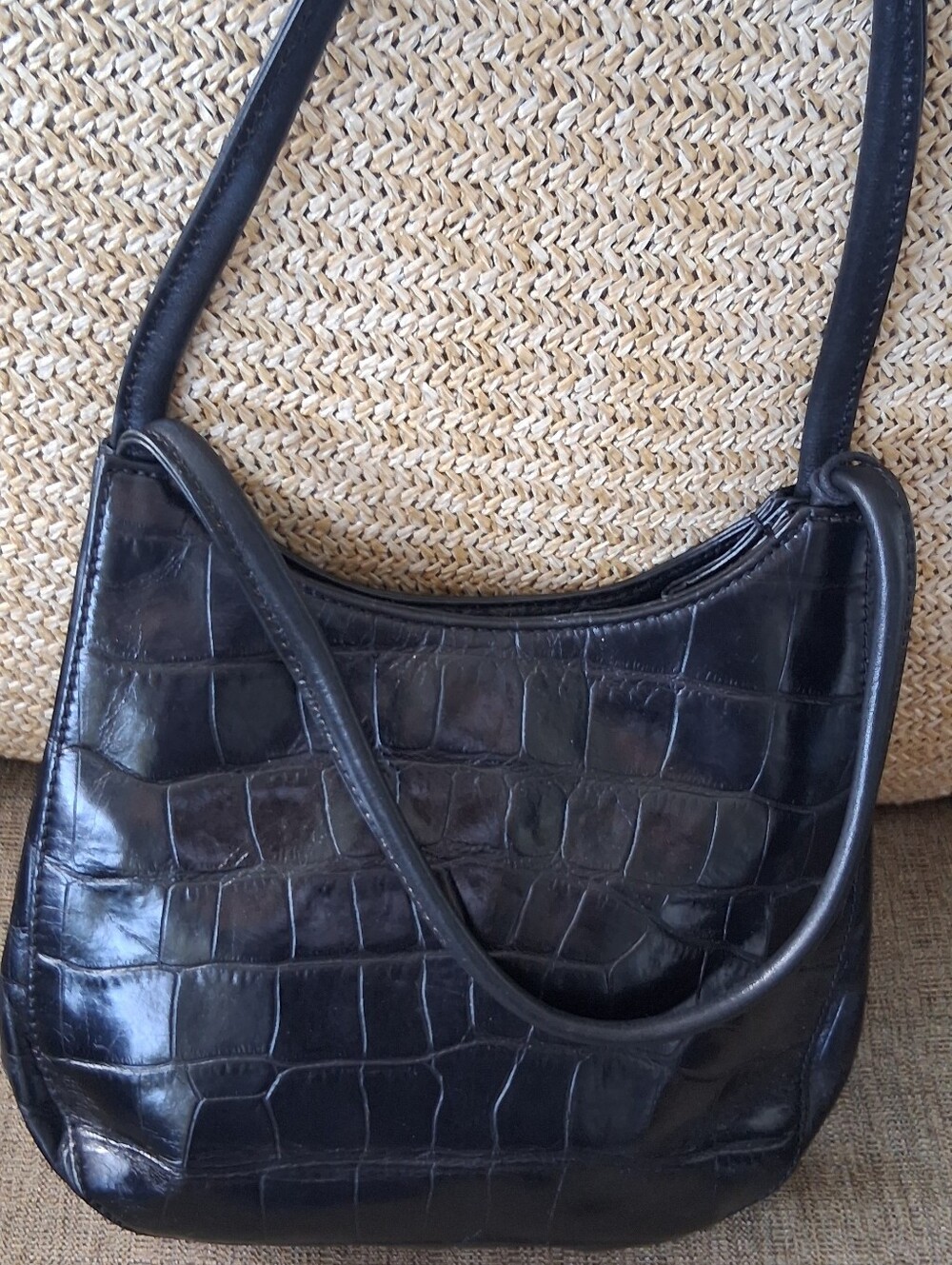 Vtg Monsac Classic Black Croc-Embossed Shoulder Bag